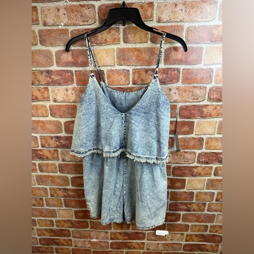 Denim faux crop top distressed look Romper 80’s, 90’s acid wash retro look - Picture 2 of 9